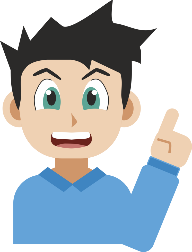 Manga style illustration of a smiling young man pointing up with her index finger isolated on white background png