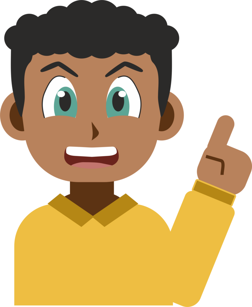 Manga style illustration of a smiling black young man pointing up with her index finger isolated on white background png