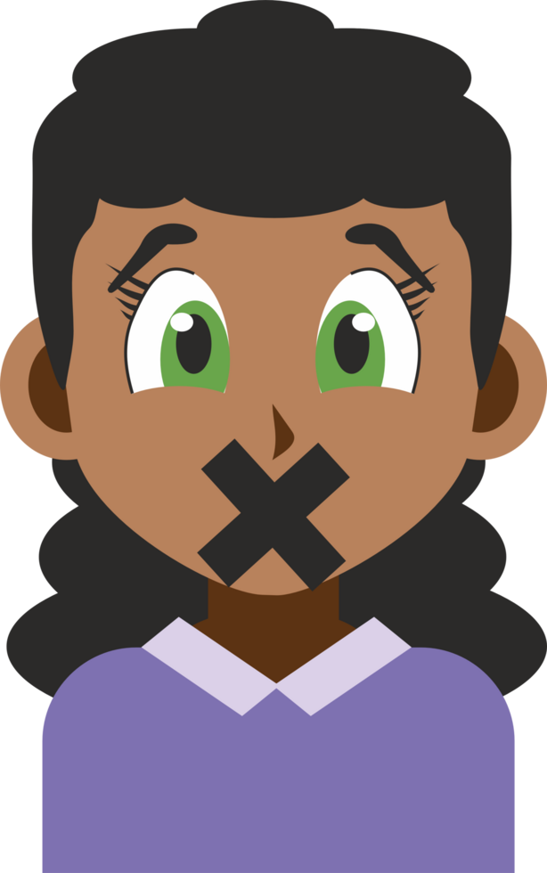 Illustration portrait of a young afro American woman with Japanese anime style graphics and colors in flat design with his mouth sealed by an X png