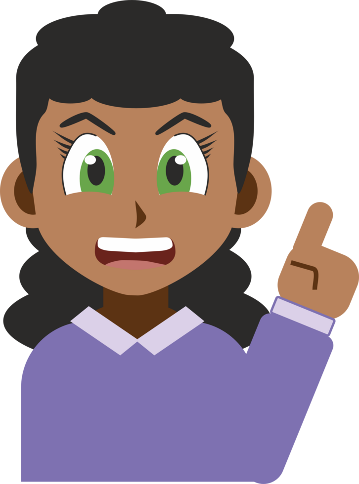 Manga style illustration of a smiling black young woman pointing up with her index finger isolated on white background png