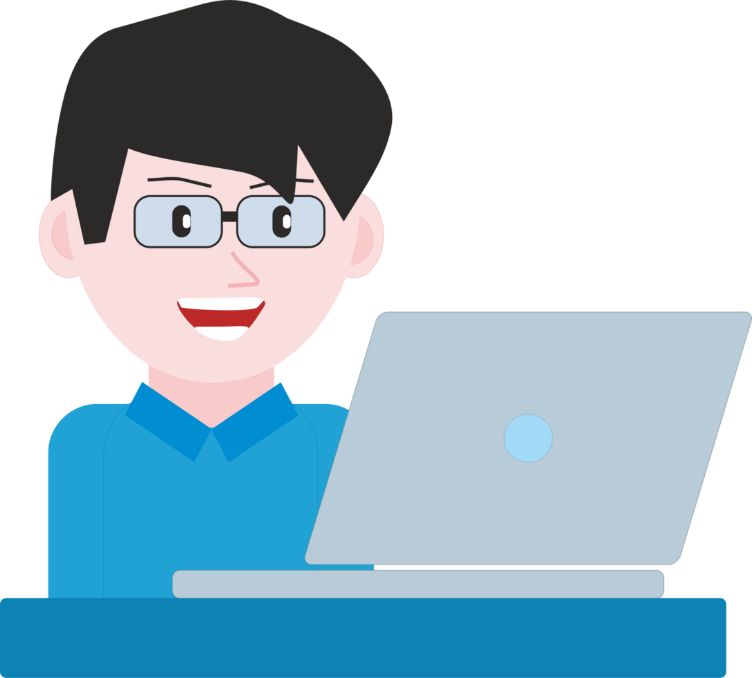 A man in glasses is working on a laptop png