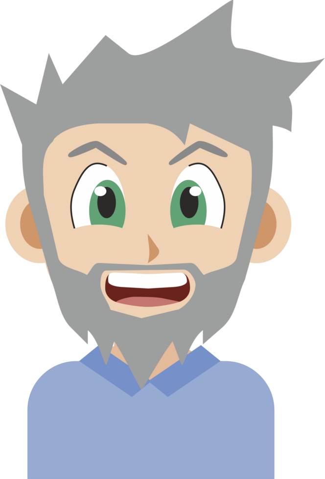 Japanese manga style illustration of an old man with gray hair and beard smiling front view png