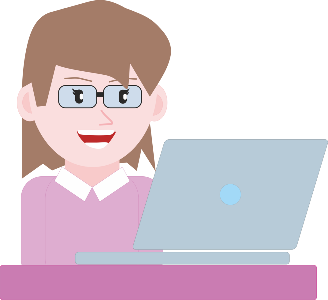 A woman with glasses is working on a laptop png