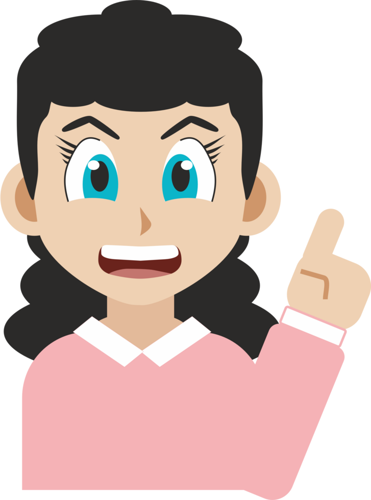 Manga style illustration of a smiling young woman pointing up with her index finger isolated on white background png