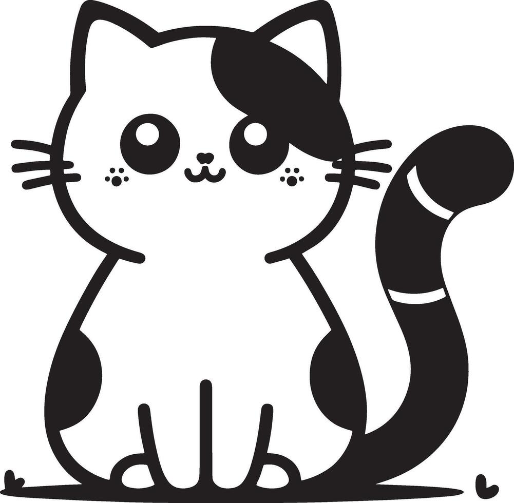 a black and white drawing cartoon of a cat with a heart silhouette art style outline vector