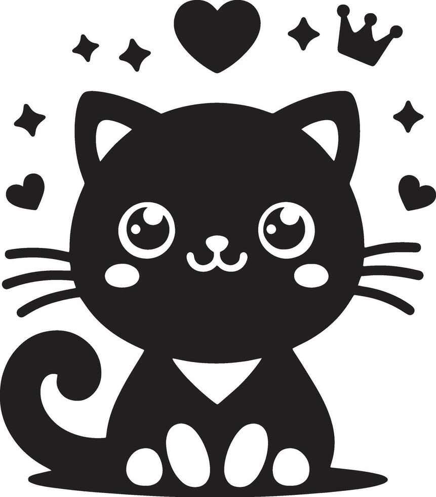 a black and white drawing of a cat and a heart silhouette art style outline vector