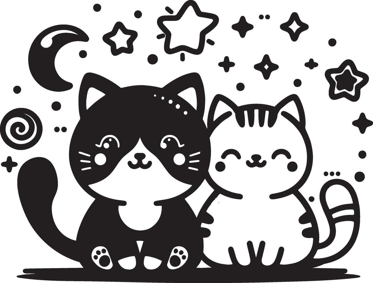 a black and white drawing of a cat with star and moon silhouette art style outline vector