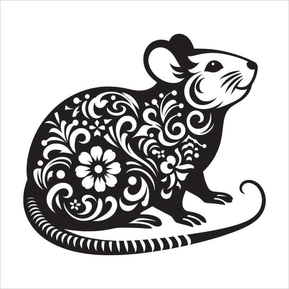 Rat Papercut, Year of the Rat, Happy New Year, Chinese New Year, Lunar New Year Black And White Clipart vector