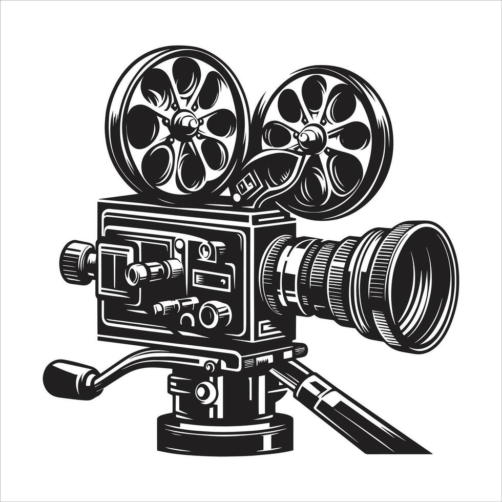 Vintage Projector. Retro Movie Camera on tripod isolated on white background. Cinema, film sketch illustration vector