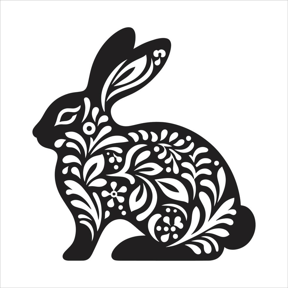 A Black And White Silhouette Of a Rabbit With Floral Patterns, Rabbit Paper Cut Zodiac Sign, Year Of The Rabbit vector