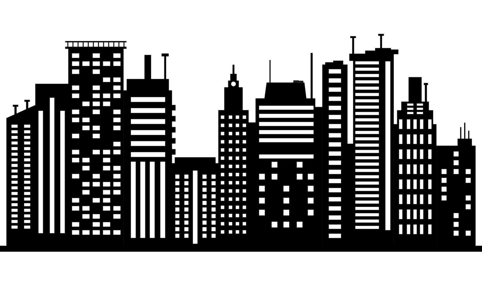Black and white urban skyline illustration with tall buildings. vector
