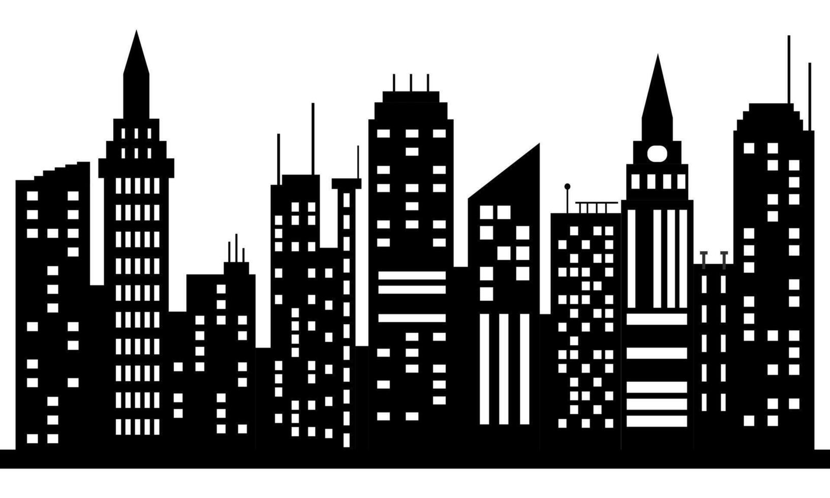 Black and white skyline silhouette with diverse urban architecture. vector
