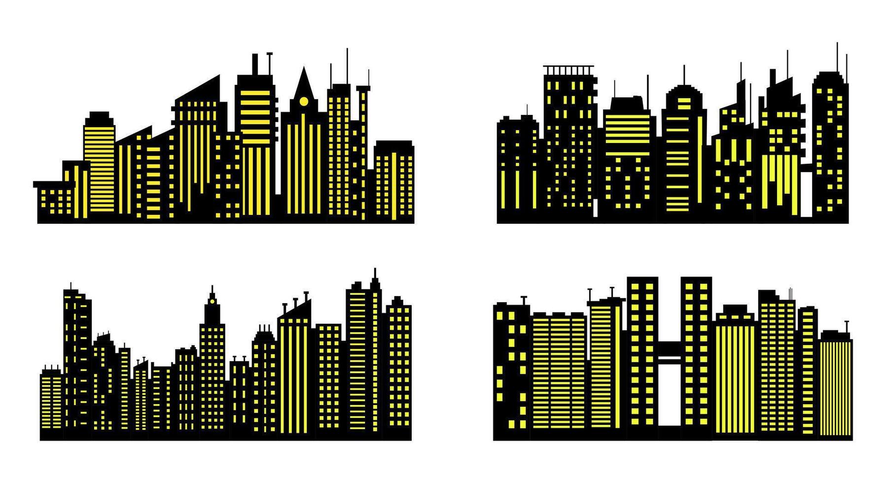 Four city skylines with illuminated buildings in modern style vector