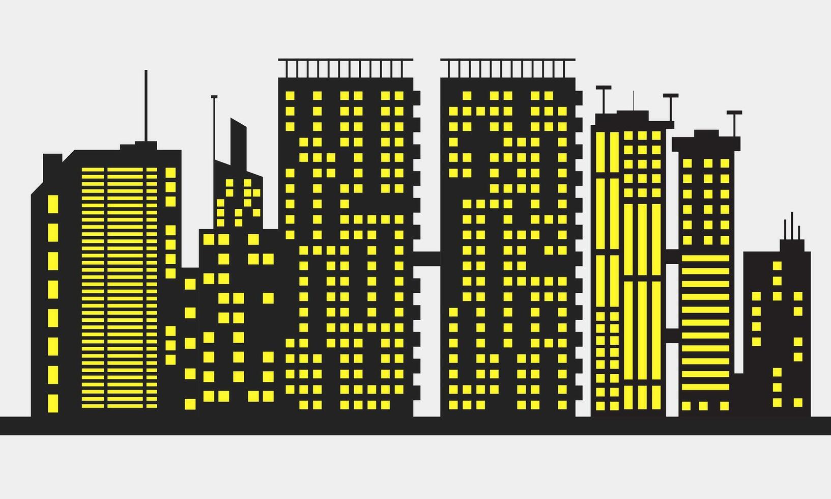 Modern Cityscape Silhouette with Yellow Illuminated High-Rise Buildings at Night vector