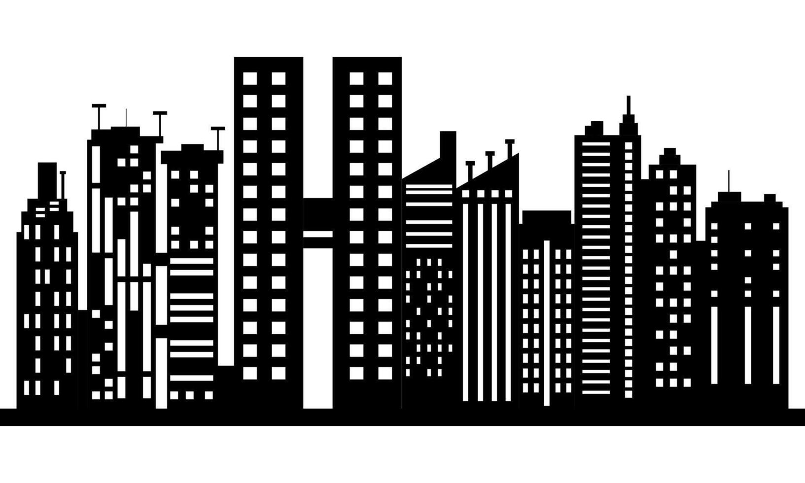 Modern Black and White City Skyline Silhouette with High-Rise Buildings and Urban Architecture vector