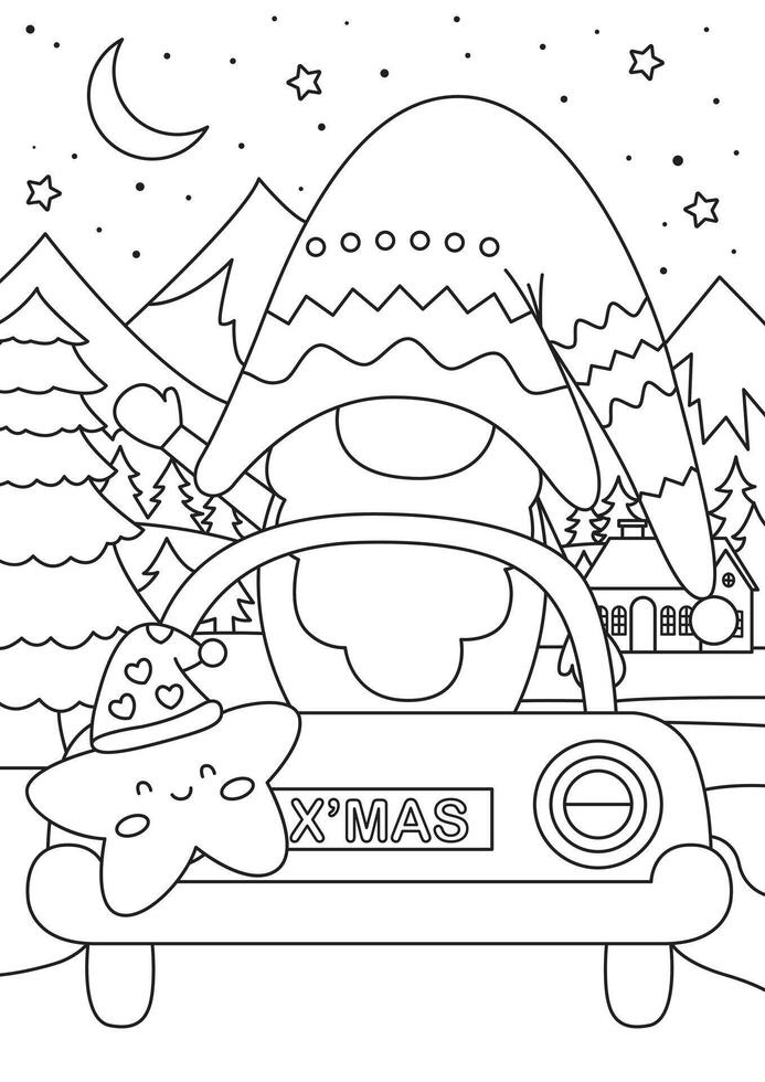 Christmas coloring page for kids with a gnome driving a car in the forest vector