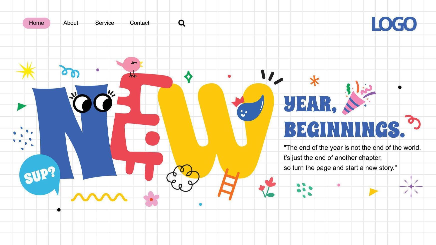 New year landing page template with doodle theme vector