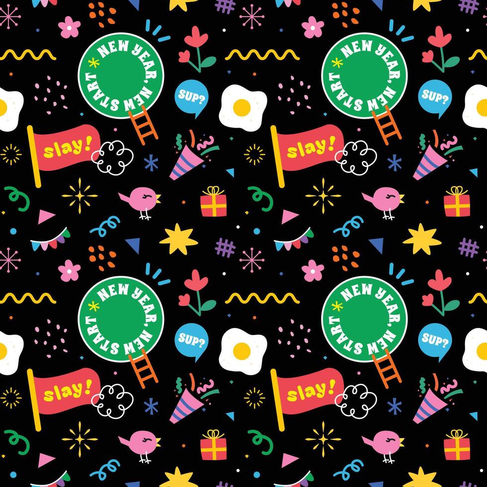 seamless pattern with doodle elements and quotes label vector