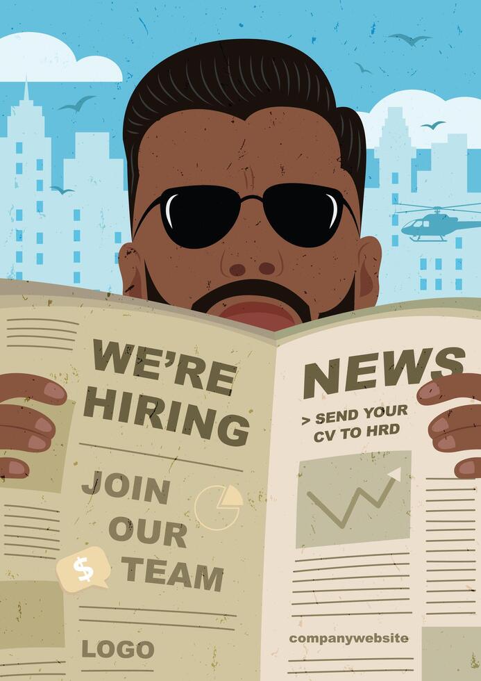 Hiring poster with a man holding a newspaper on the silhouette background of the city vector