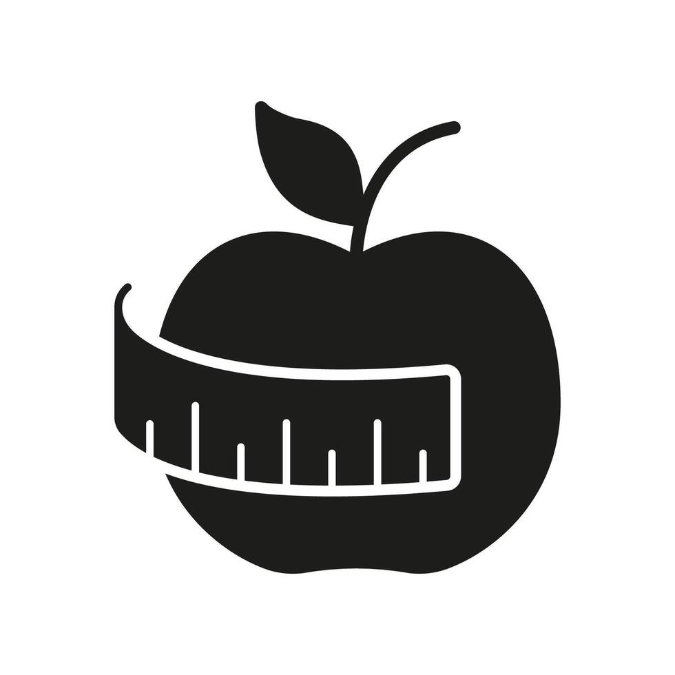 Apple Wrapped With Measuring Tape Silhouette Icon. Weight Control For Healthy Eating. Weight Management And Nutrition For Fitness And Diet. Isolated Illustration vector