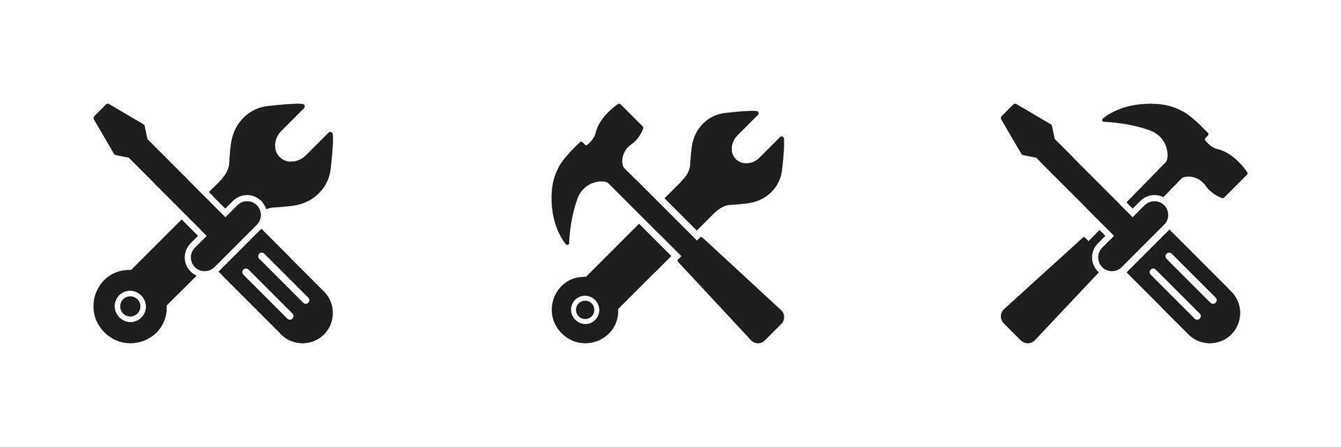 Wrench, Hammer, and Screwdriver for Maintenance and Repair. Crossed Tools Silhouette Icon Set. Construction and Technical Service Glyph Symbol Collection. Isolated Illustration vector