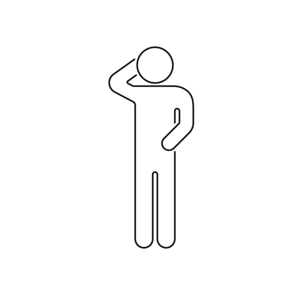 Human Figure in Thinking Pose Line Icon. Contemplative Gesture Outline Symbol. Thoughtful Stick Figure with Hand on Head. Editable Stroke. Isolated Illustration vector