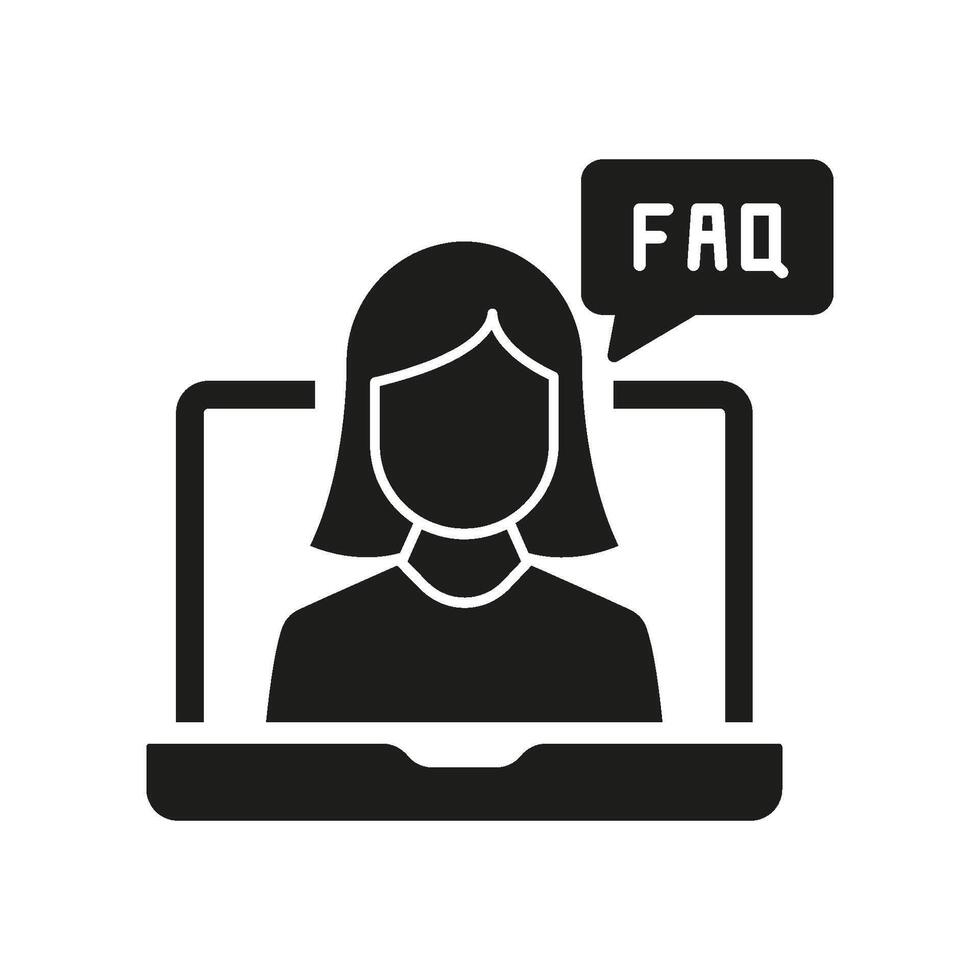 Woman on Call Silhouette Icon with FAQ Bubble for Online Support and Communication. Virtual Customer Support Services Glyph Symbol. Isolated Illustration vector