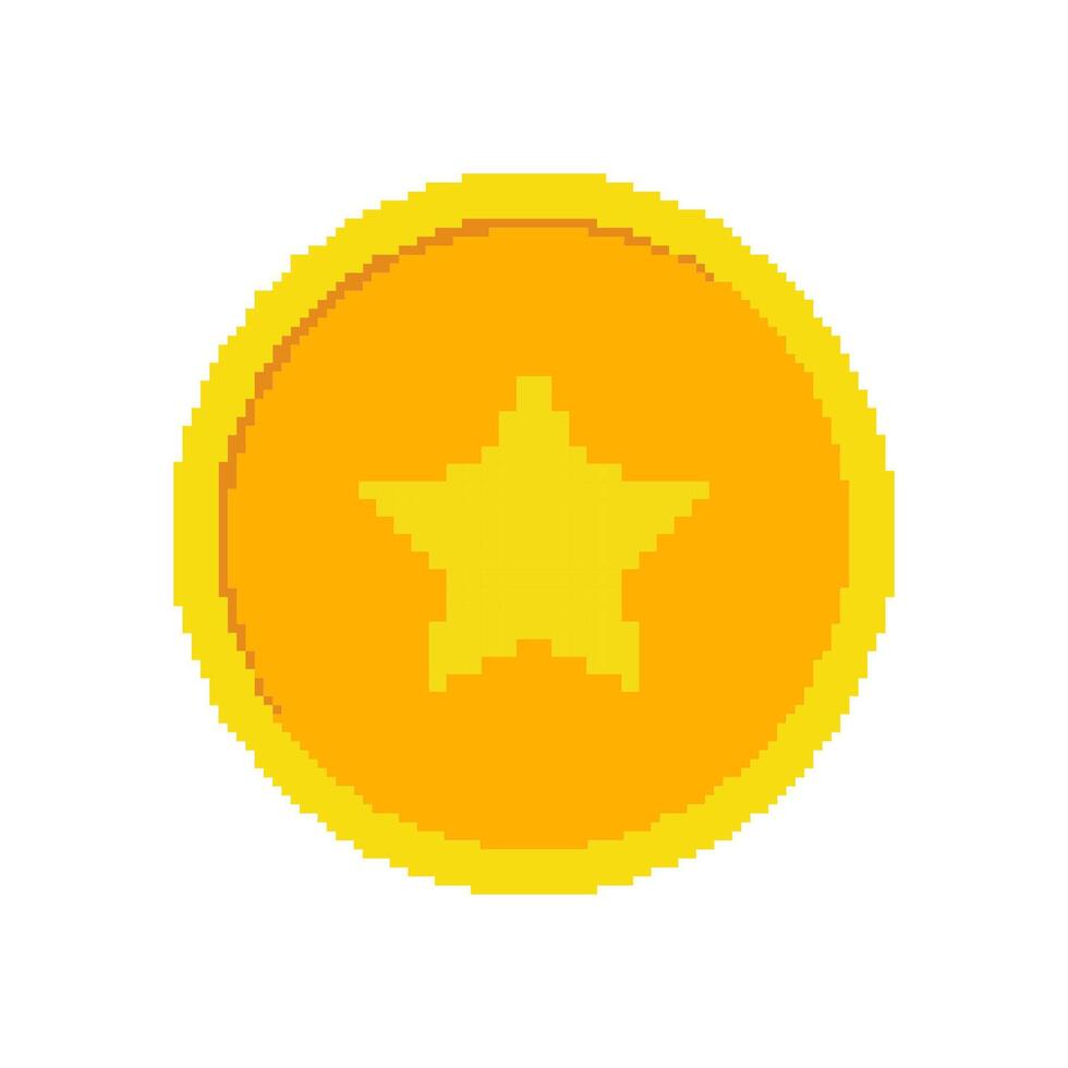 Golden Coin Icon with Star in Pixel Art Style. Vintage and Retro Digital Currency. Gaming Currency Coin. Isolated Illustration vector
