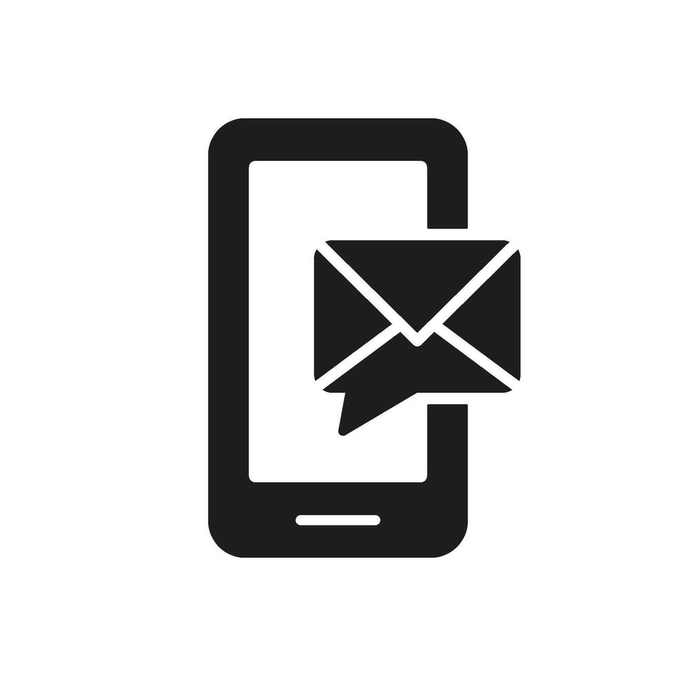 Mobile Phone with Email Message Silhouette Icon, Communication and Support. Smartphone with Email Notification for Customer Service Glyph Symbol. Isolated Illustration vector