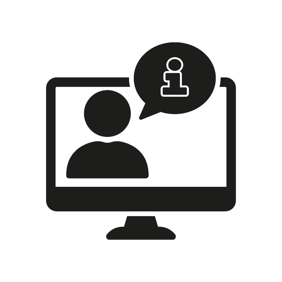Person on Computer with Information Chat Bubble Silhouette Icon for Online Support. Information, Assistance, Online Communication Glyph Symbol. Isolated Illustration vector