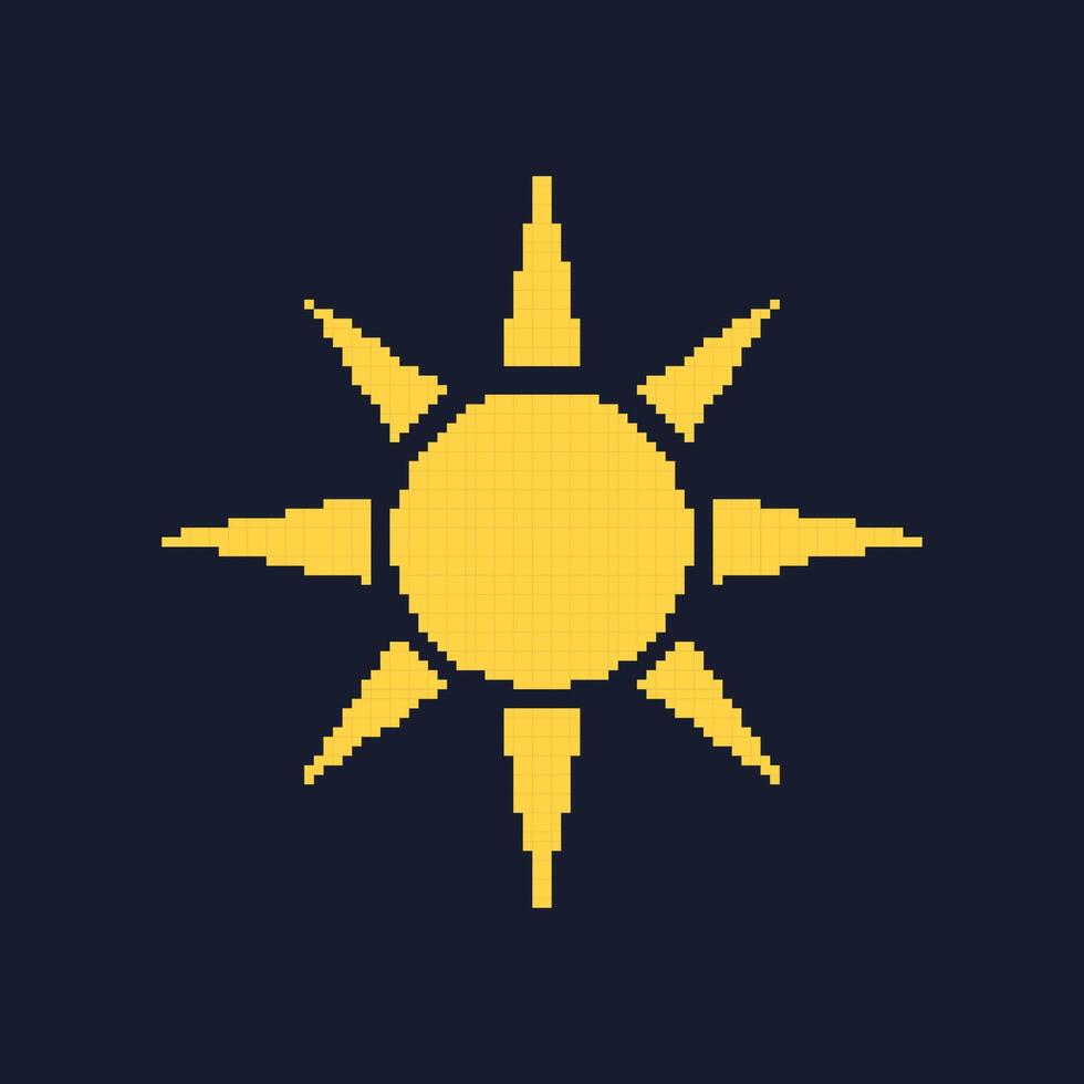 Sun Pixel Art Icon. Retro Game Yellow Sun Isolated on Dark Background. Vintage Game Symbol. Isolated Illustration vector
