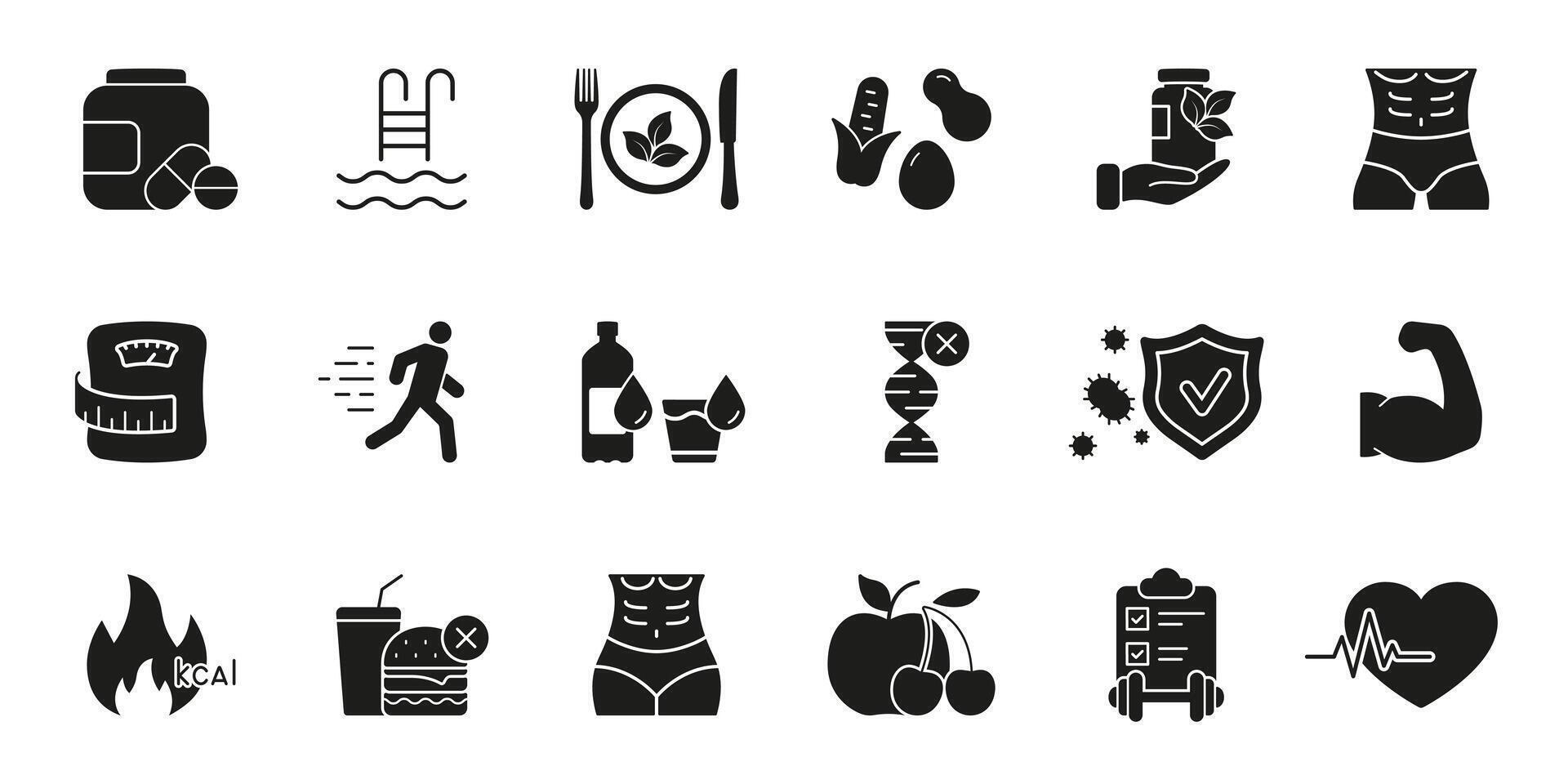 Immune Support, Nutrition, Exercise Silhouette Icon Set for Healthy Living. Diet, Hydration, and Fitness Glyph Symbols. Isolated Illustration vector