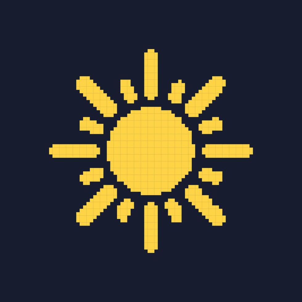 Vintage Game Currency Symbol. Sun Pixel Art Icon. Retro Game Yellow Sun Isolated on Dark Background. Isolated Illustration vector