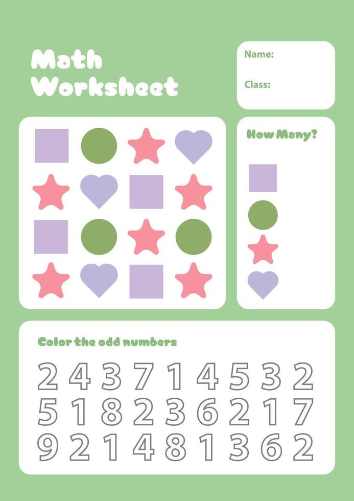 How many math activity page for kids worksheet, Count the number Puzzle game printable for school and preschool. vector