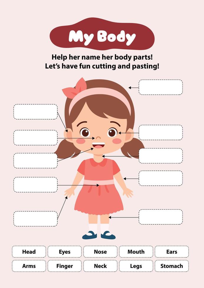 cut and paste My Body, human body parts diagram on cute cartoon girl. Educational infographic chart for kids, science or language learning vector