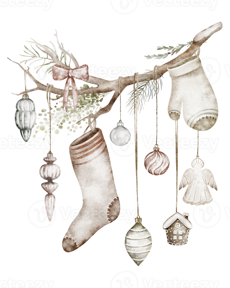 Watercolor illustration of hanging Christmas decoration on a dry wooden branch. Rustic handmade a with retro toys, mitten and sock. For seasonal, Christmas, or holiday-themed designs. png