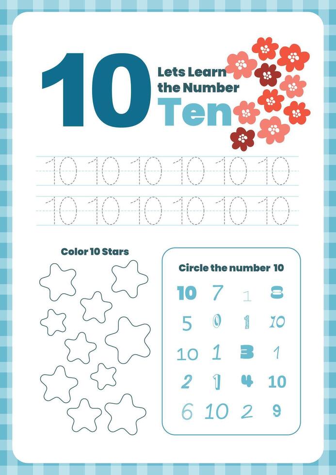 Activity worksheets for kids education with many exercises. Learning numbers from 1 to 10. Trace, color, dot to dot on one page vector