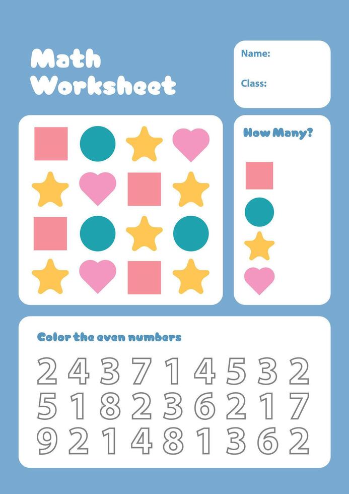 How many math activity page for kids worksheet, Count the number Puzzle game printable for school and preschool. vector