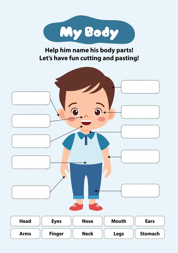 cut and paste My Body, human body parts diagram on cute cartoon boy. Educational infographic chart for kids, science or language learning vector