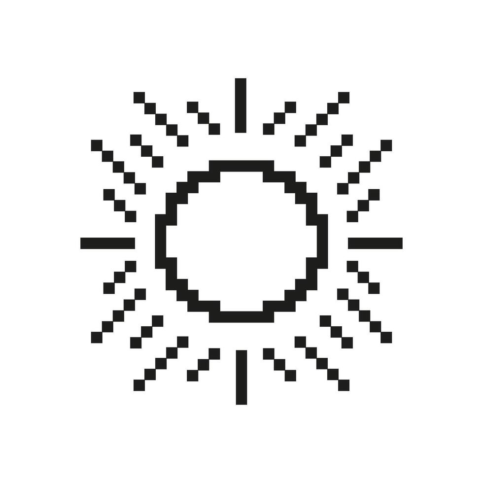 Pixelated Sun Icon with Radiating Rays. Bright Sunlight in Pixel Art Style. Solar Energy and Light. Isolated Illustration vector
