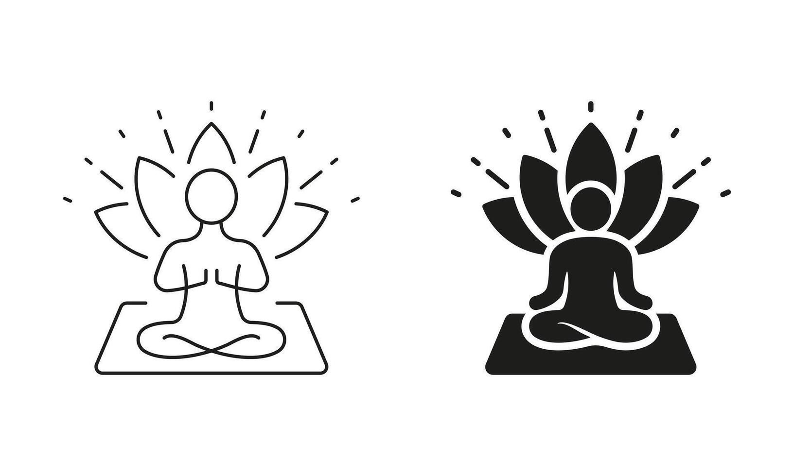 Meditate Relaxation Asana Exercise Icon. Yoga Person in Pose Lotus Line and Silhouette Icon Set. Zen Wellness. Editable Stroke. Isolated Illustration vector