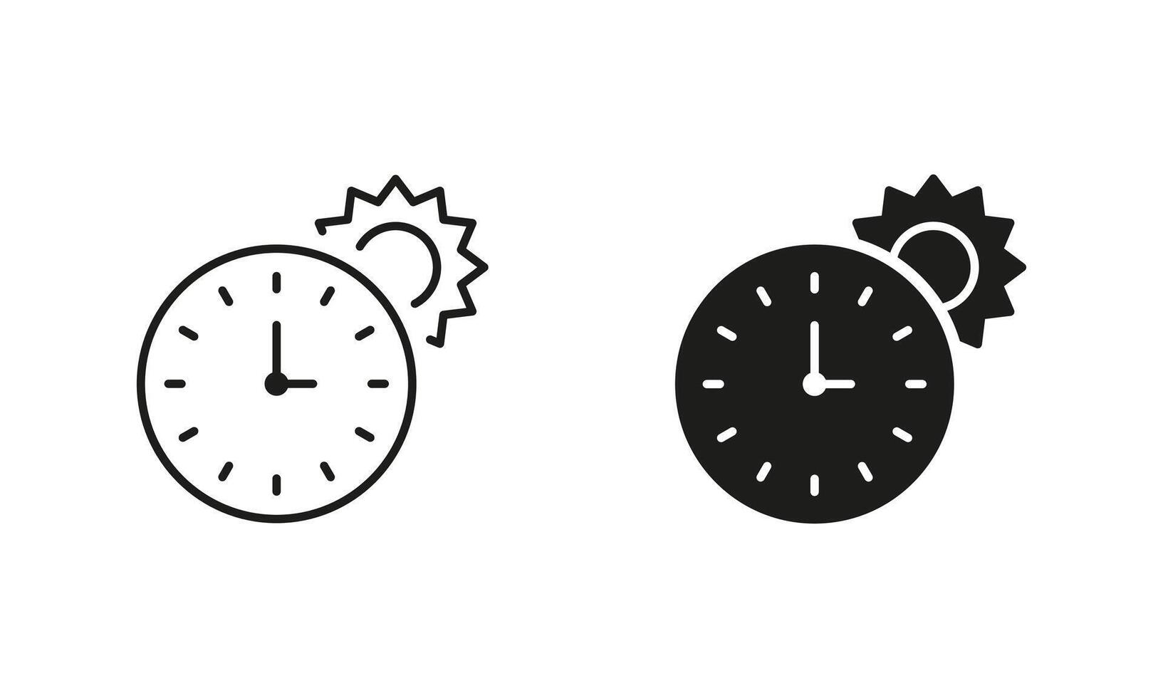 Clock and Sun Line and Silhouette Icon Set. Summer Time Icon. Sunrise and Sunset Hours Sign. Editable Stroke. Isolated Illustration vector