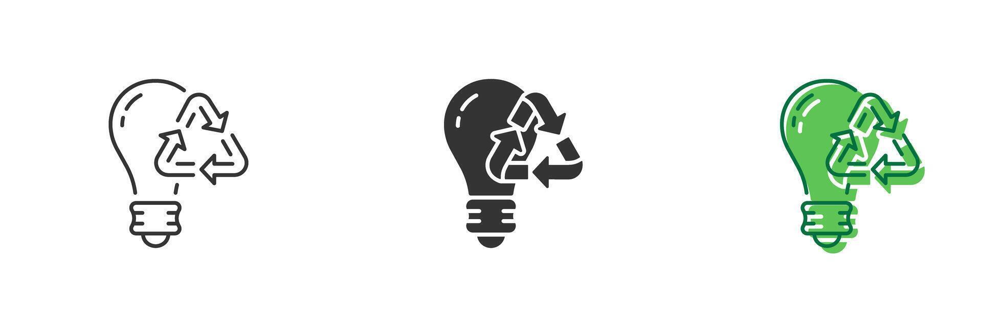 Eco Light Bulb with Recycling Symbol Icon for Energy Saving. Eco Electricity Lightbulb Renewable Resource Line and Silhouette Icon Set. Editable Stroke. Isolated Illustration vector