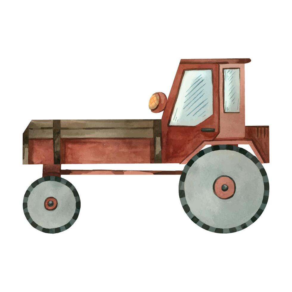 Red garden tractor with gray wheels and a large body, hand-drawn in watercolor on a white background. Watercolor illustration. Suitable for printing in children's books, creativity, scrapbooking vector