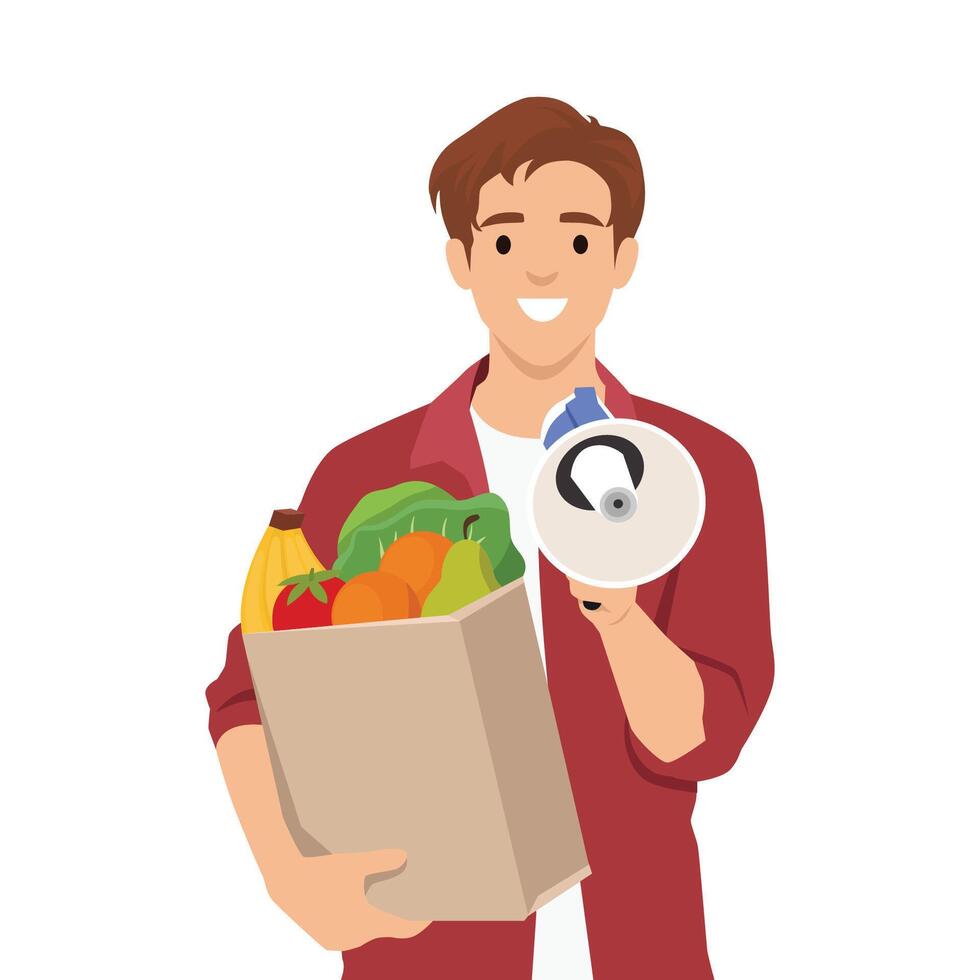 Young man holding megaphone shouting loud calls customers announcing vegetable ecommerce. vector
