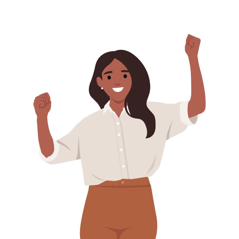 Young business woman showing success gesture with raised hand fist. vector