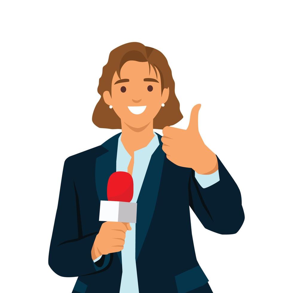 Young journalist with microphone showing thumbs up. vector