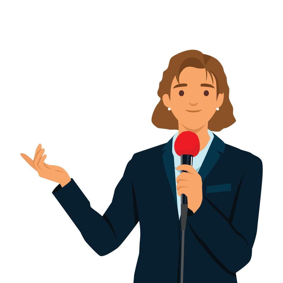 Young professional woman reporter holding a microphone. vector