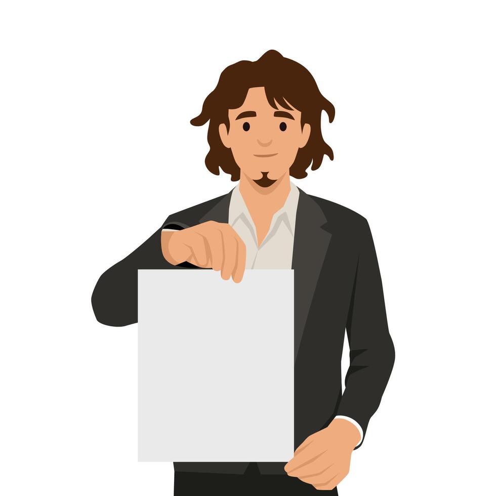 Young man holding or showing or displaying white blank board or banner or poster. vector