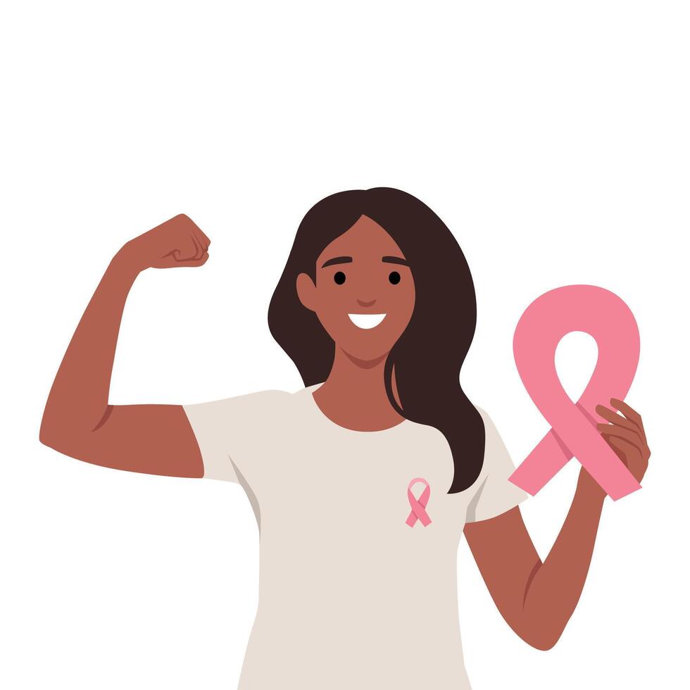 Young woman is holding a pink ribbon while flexing her biceps. vector